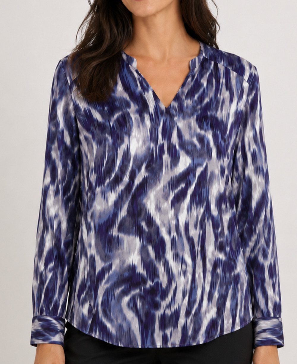 Chico's Womens Medium Blue Gray White V Neck Long Sleeve Top Resort Artsy